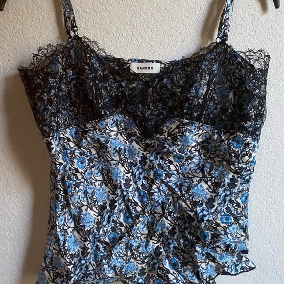Sandro Floral print satin-twill corded lace trim adjustable straps camisole Sz 8 - Picture 3 of 14